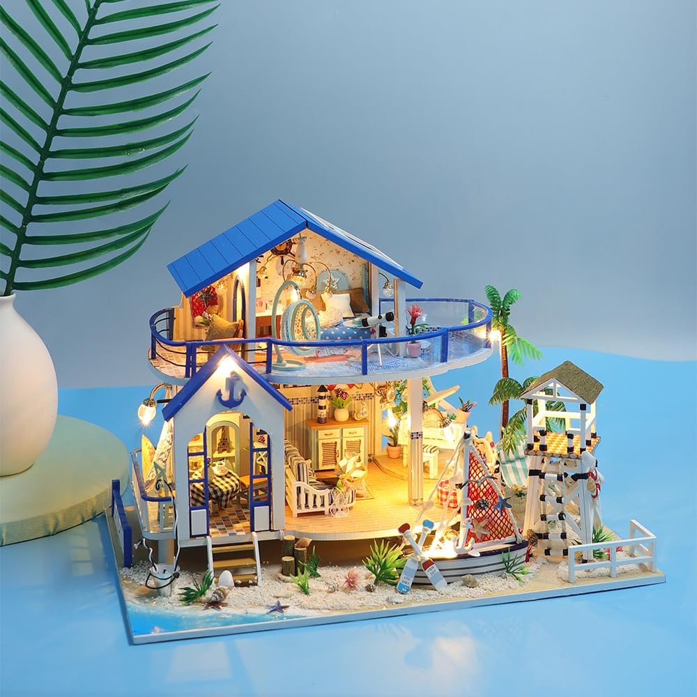 GuDoQi DIY Hölzernes Puppenhaus Kit, Miniatur Puppenhaus mit Möbeln und Musik, Handgefertigte Mini H