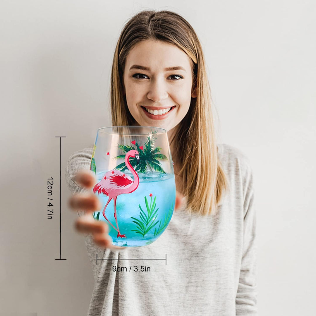 NymphFable Flamingo Weingläser ohne Stiel 2er-Set, Handbemaltes Bunte Weinglas Geschenk für Frauen,
