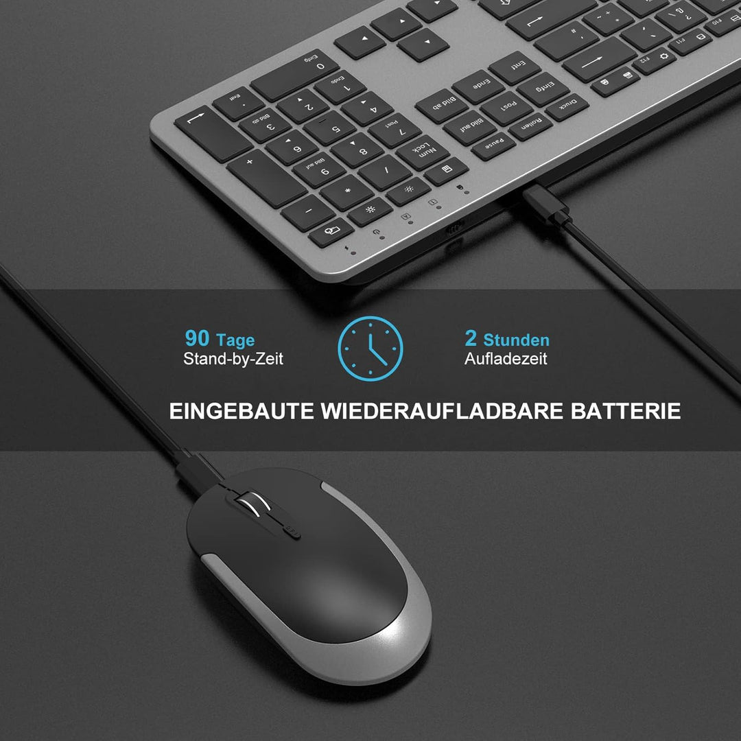 Tastatur Maus Set Kabellos, seenda Ultra-Dünne Wiederaufladbare Funktastatur mit Maus, Ergonomische