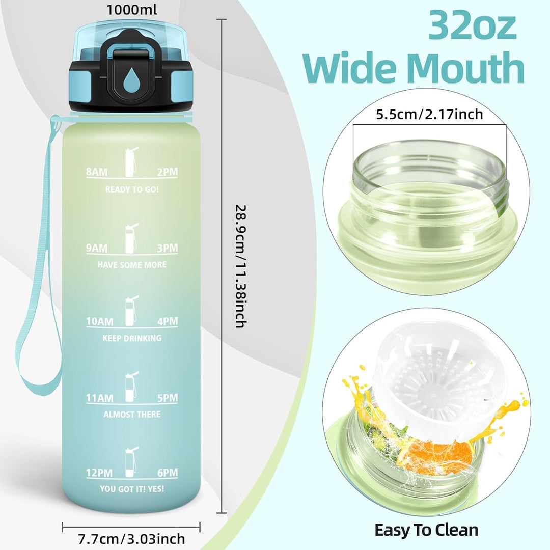 HoneyHolly Trinkflasche 1L, Auslaufsicher mit Zeitmarkierung, Wasserflasche, Sportflasche mit Filter