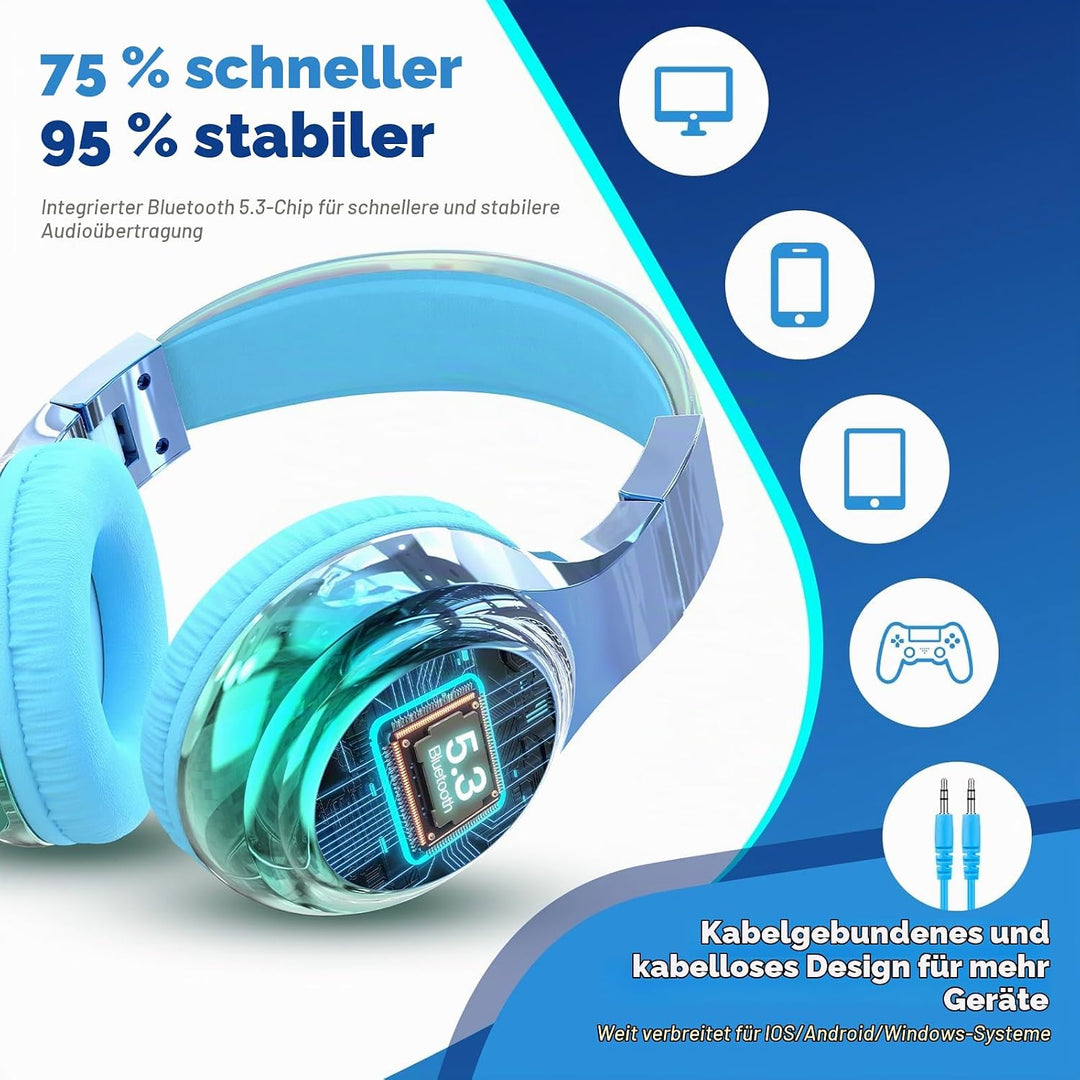 JYPS Bluetooth Kopfhörer Kinder, Kabellose Kopfhörer Bluetooth Kinder Over Ear, Kopfhörer Kinder Blu