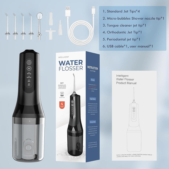 Munddusche Kabellos Elektrischer Zahnreiniger, 4 Modi & 5 Düsen USB-C Wiederaufladbare Wasser Flosse