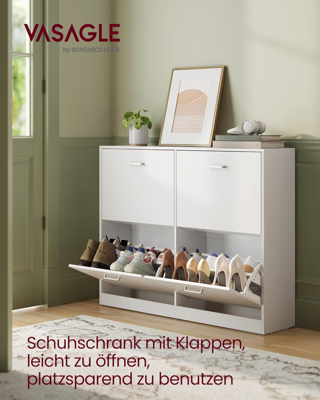VASAGLE Schuhschrank 4 Klappen, Schuhkipper, Schuhregal, Schuhaufbewahrung, Trennwand verstellbar, f