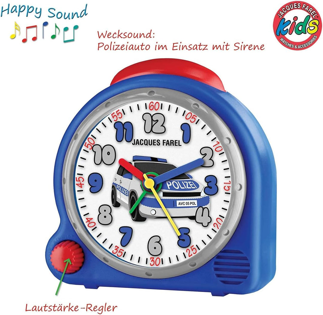 JACQUES FAREL HappySound Soundwecker Kinderwecker Blau mit Polizei Sound Sirene, Lautstärkeregelung