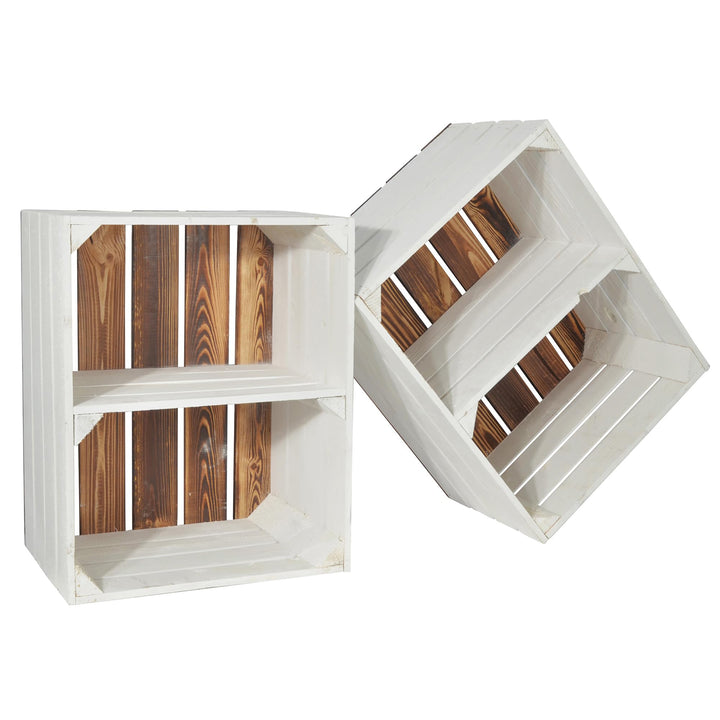 CHICCIE 2 Set Holzkiste Grete Weiss Geflammt 50x40x30cm - Kurzes Regal Weinkiste Kurzes Weisses Rega
