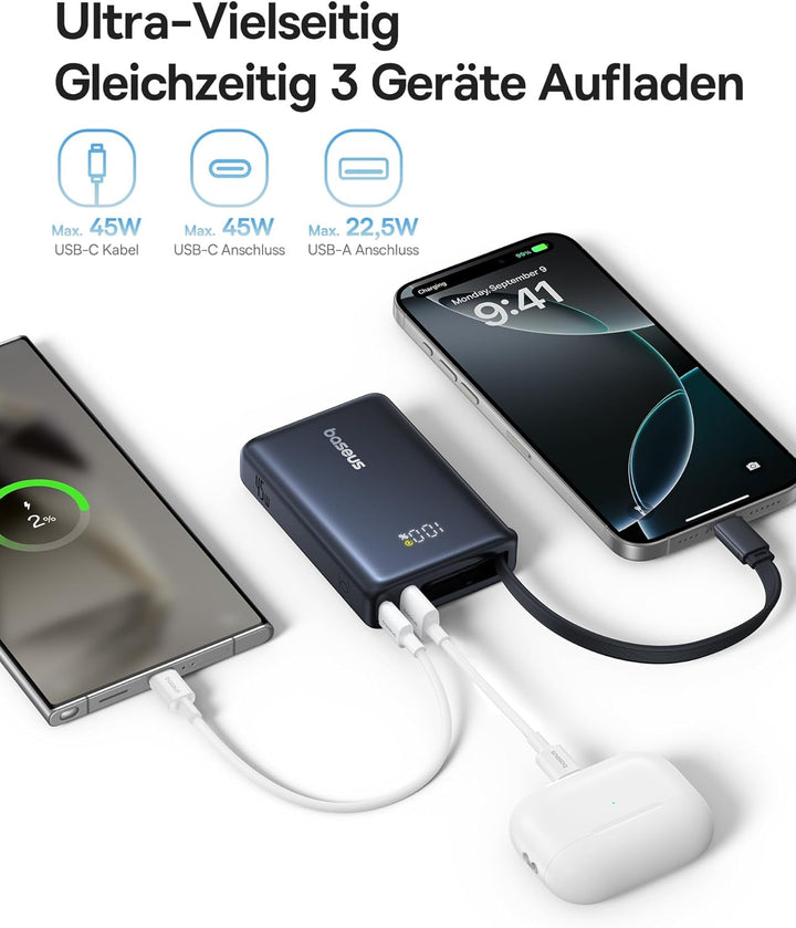 Baseus Picogo Powerbank, Power Bank 10000mAh 45W mit integriertem USB-C Kabel, PD 3.0 QC 4+ Externe