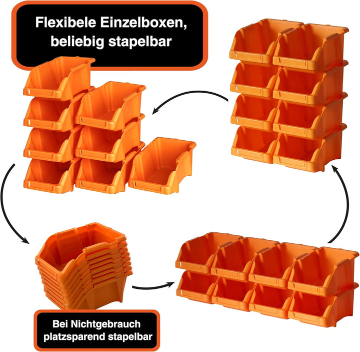 YPC Stapelboxen Set - Orange 8 Stück - Sichtlagerboxen 16x9x7cm mit Wandhalterung für Werkstatt & Ga