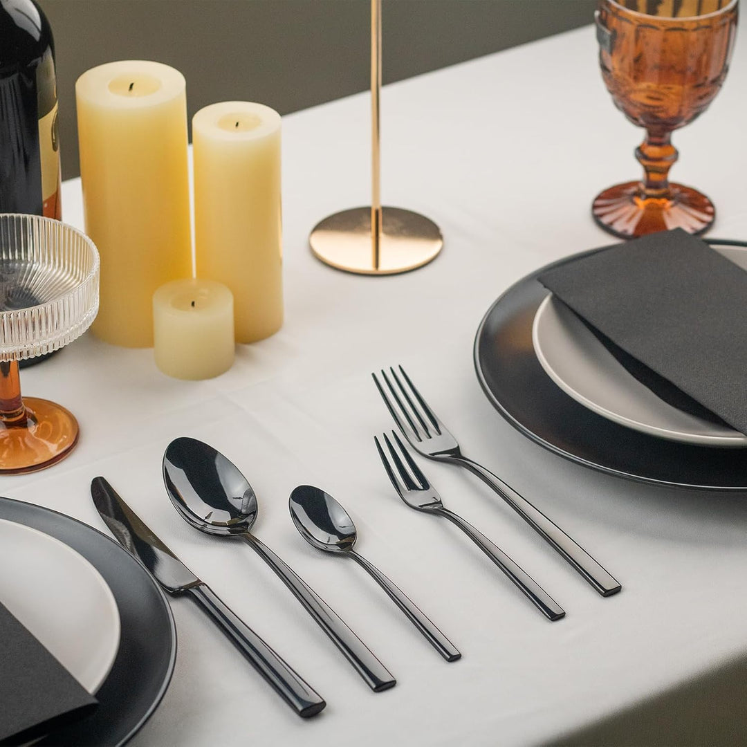 Alata Konrad 18/10 Edelstahl Poliert Schwarz Besteck Set 12 Personen, Essbesteck 60 teilig, Monobloc