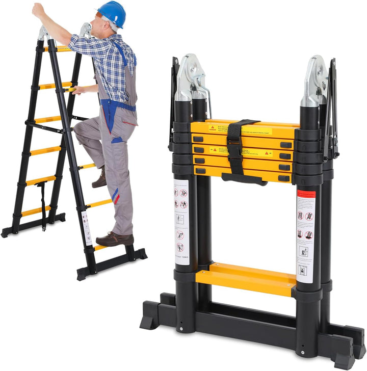 Herrselsam 3.8m(1.9m+1.9m) Teleskopleiter Klappleiter Aluminium, Mehrzweckleiter mit Tragegriff, Rut