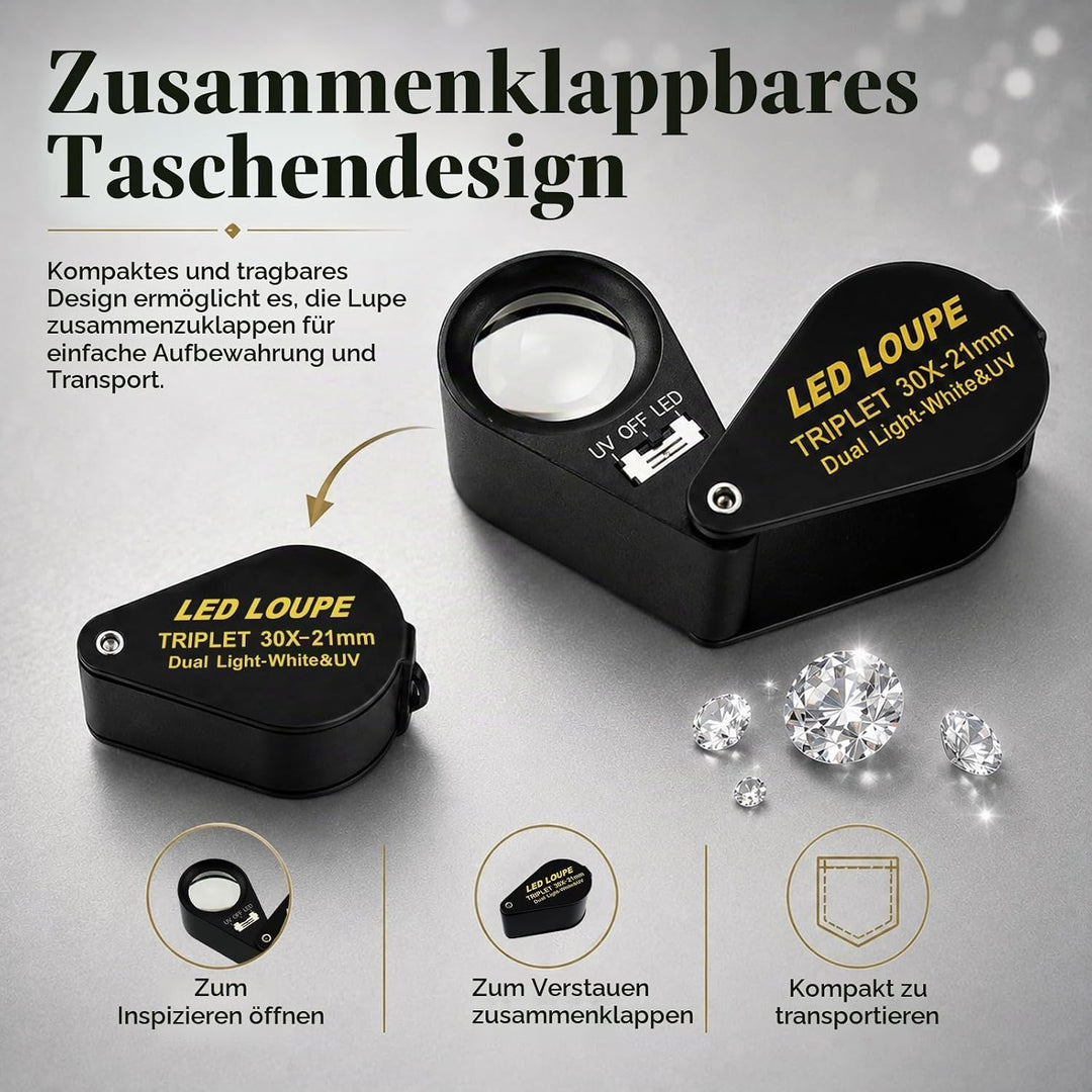 30-fache Vergrösserung Schmuckedelupe mit UV &amp; 6 LED-Juwelierstempel und Münzsammler, 30-fache Vergr