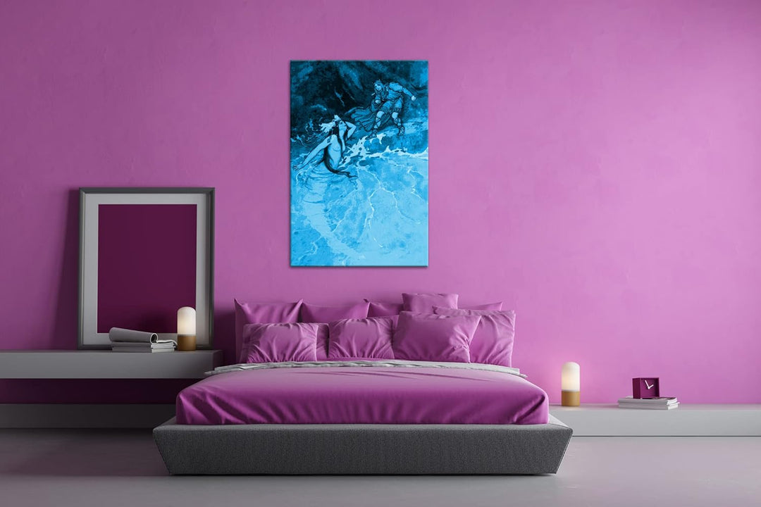 deyoli Zeichnung einer Meerjungfrau Begegnung Format: 80x60 Effekt: Monocrome Blau als Leinwand, Mot
