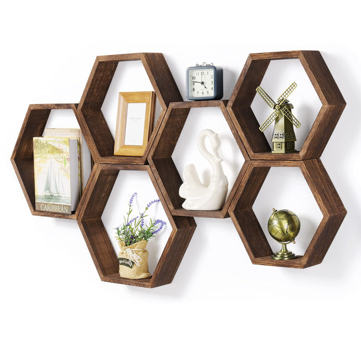 Sechseckige schwebende Regale 6er Set Bauernhaus Waben Wandaufbewahrung Regal Holz Display Sechsecki