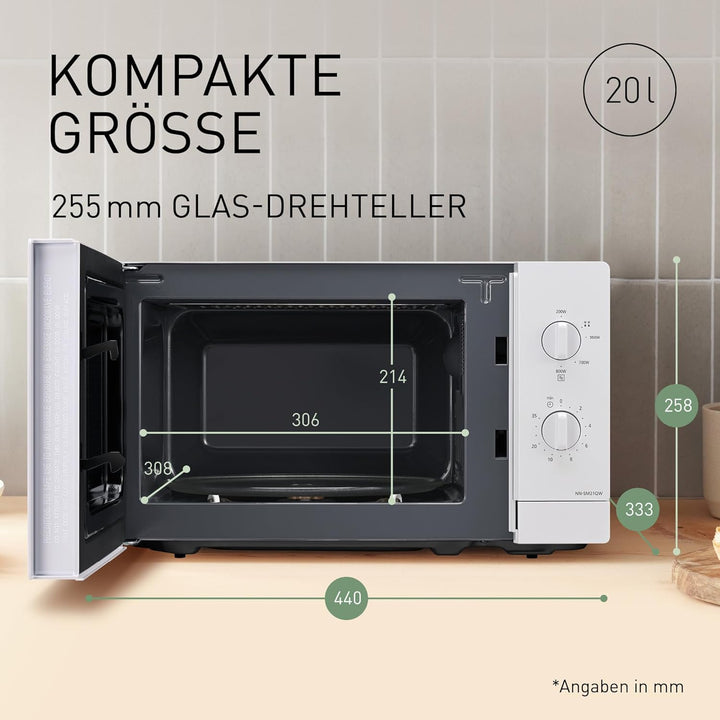 Panasonic NN-SM21QWEPG 20L Solo-Mikrowelle mit Glasschale, 800 W, Auftaueinstellung, 5 Leistungsstuf