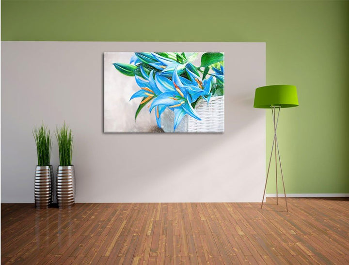 Pixxprint schöne Blaue Blumen im Körbchen Kunst Buntstift Effekt, Format: 100x70 auf Leinwand, 100x7