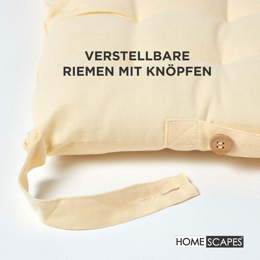 HOMESCAPES 4er Set Stuhlkissen 40 x 40 cm, Creme, Sitzkissen mit Bändern und Knopfverschluss, einfar