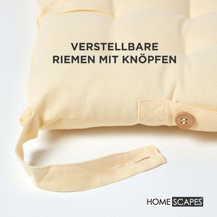 HOMESCAPES 4er Set Stuhlkissen 40 x 40 cm, Creme, Sitzkissen mit Bändern und Knopfverschluss, einfar