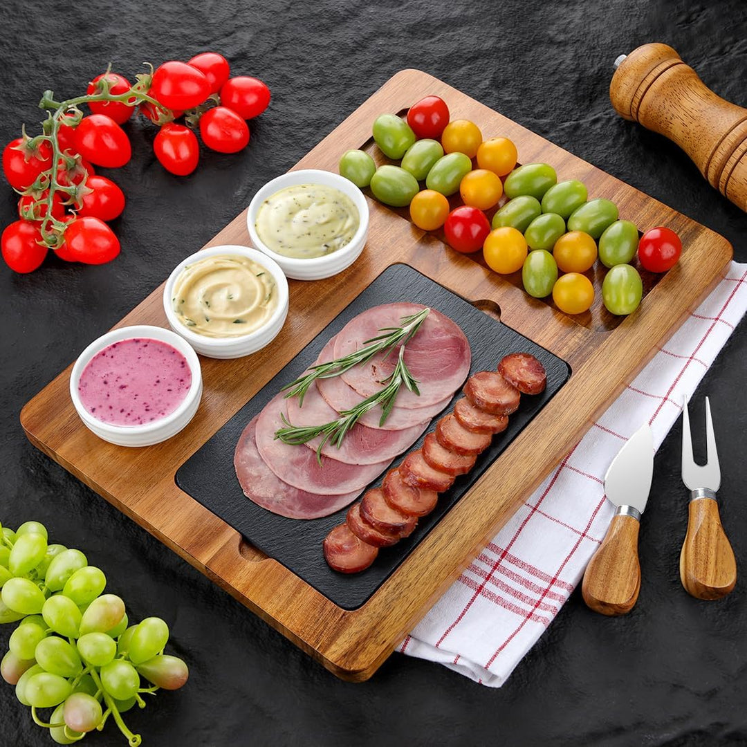 Servierplatte aus Akazienholz mit 3 Keramikschale, Rustikale Käseplatte, Steakplatte, Grillplatte, S