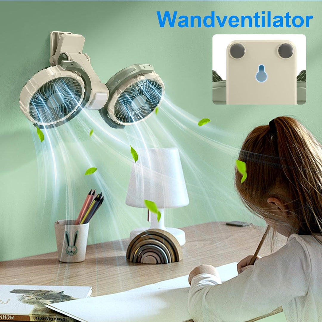 Clip Ventilator Akku mit Licht, USB C Aufladbar Leise Fan Doppelkopf Wandventilator,Stark Lufter Kle