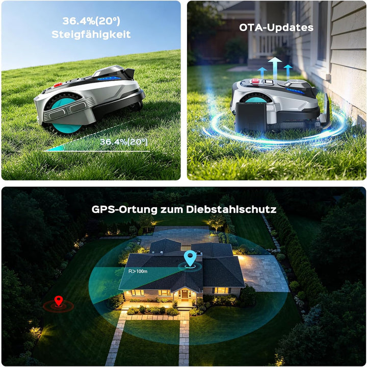YARDCARE N1600PRO Mähroboter ohne Begrenzungskabel, bis 1600 m², RTK-Navigation mit 3D-Umgebungserke