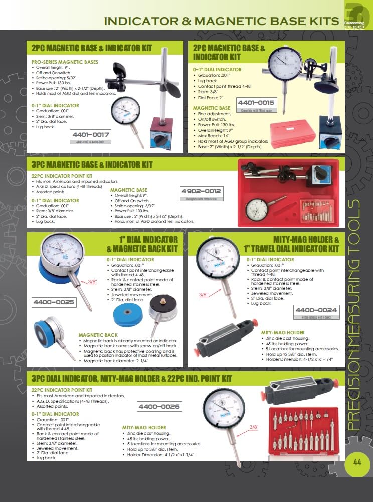 HHIP 4400-0027 Dial Test Indicator and Mini Magnetic Base Kit, 0-0.03" Range, 0.0005" Graduation Fei
