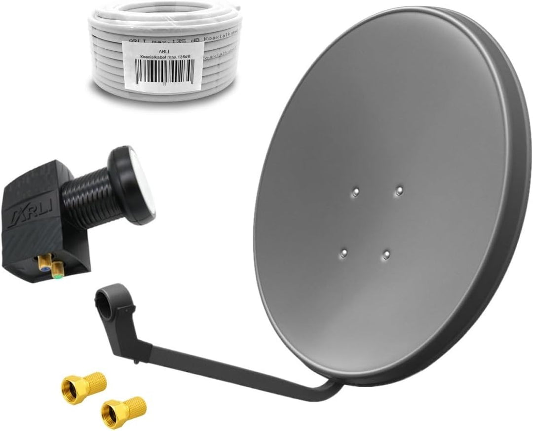 60cm HD Sat Anlage Twin LNB + 10m Koaxialkabel 135dB + 2 F-Stecker Digital 2 Teilnehmer Antenne grau