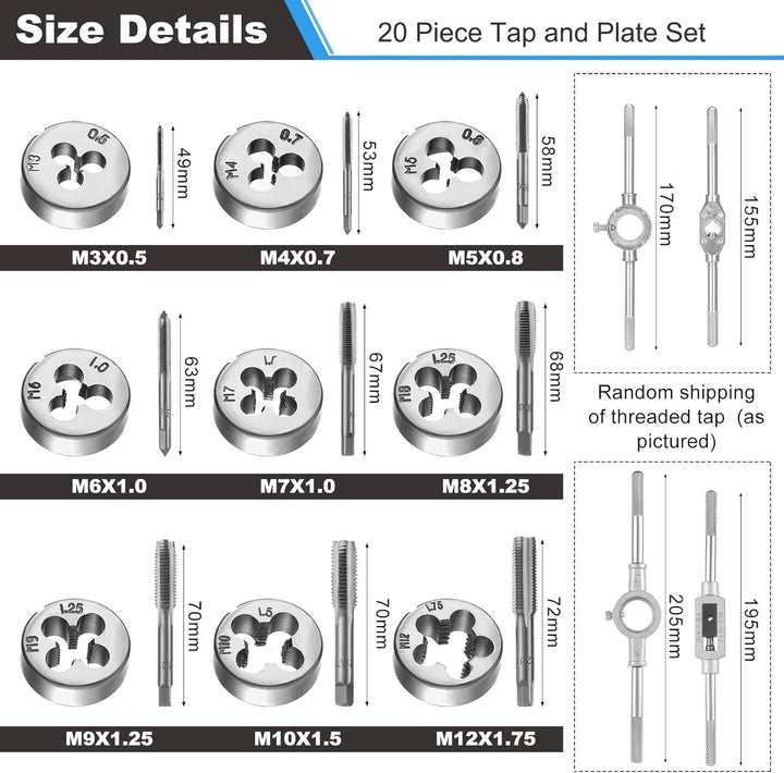 HSEAMALL Gewindeschneidsatz, 20-teilig, M3-M12 Gewindebohrer und Schneideisen 20 pcs Silver, 20 pcs