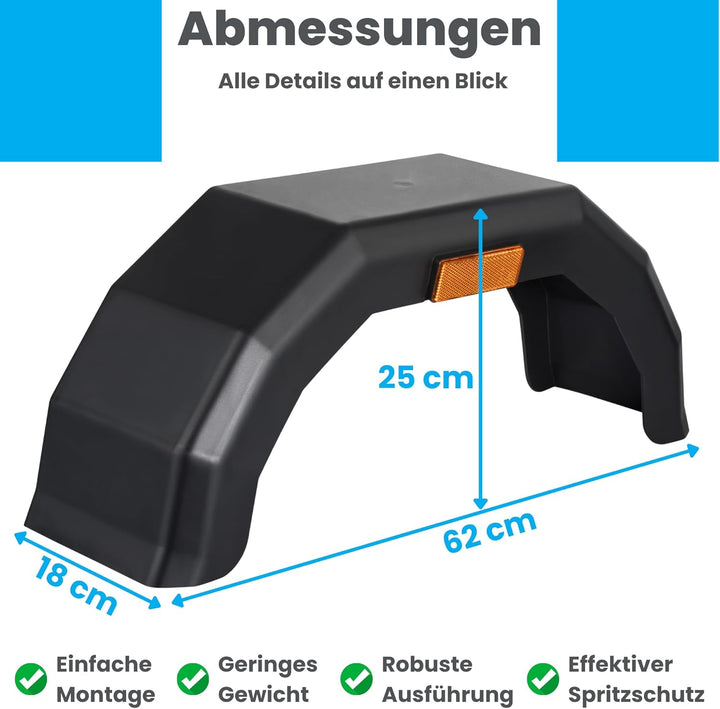 2X Anhänger Kotflügel 620x250x180mm – Schutzblech Kunststoff Schwarz mit Reflektor – Beidseitig mont