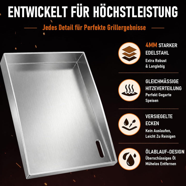 Plancha Grillplatte Set 40 x 30cm, 4mm Edelstahl Grillplatte mit 5 Stücke BBQ Grillbesteck Set Dicke