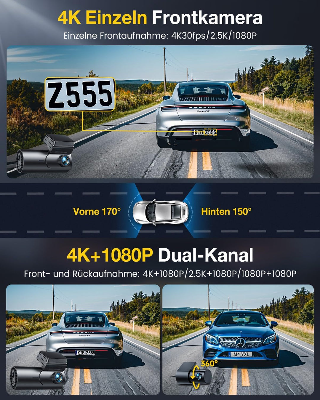GKU 4K Dashcam Auto Vorne Hinten, 5GHz WiFi GPS, Dual Dash Cam, 1.5” IPS Mini Auto Kamera mit 64GB S