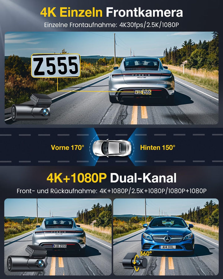 GKU 4K Dashcam Auto Vorne Hinten, 5GHz WiFi GPS, Dual Dash Cam, 1.5” IPS Mini Auto Kamera mit 64GB S