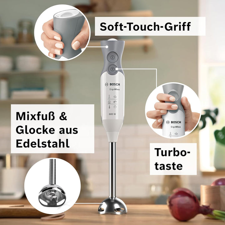 Bosch Stabmixer ErgoMixx MSM66120, Edelstahl-Mixfuss, Mix- und Messbecher, 4-Klingen-Messer, ergonom