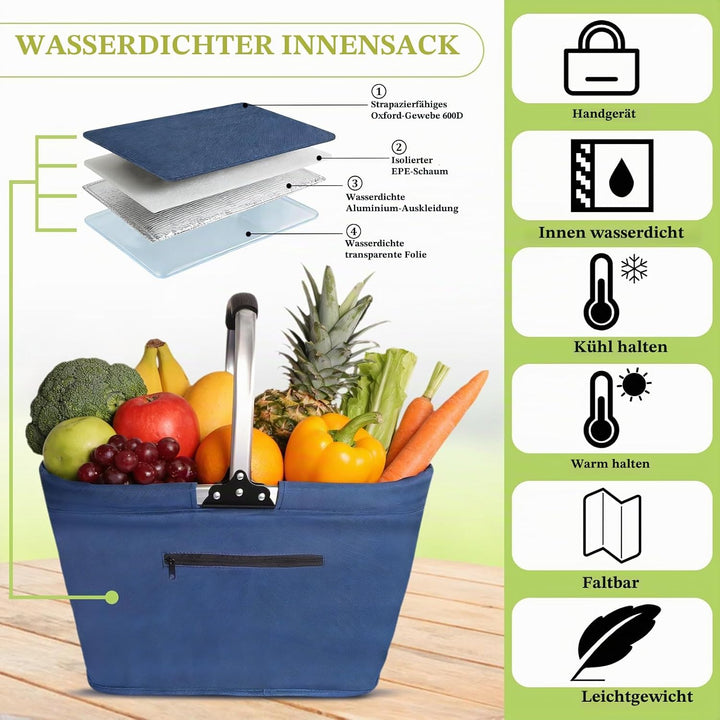 Einkaufskorb Kühltasche 35L, Einkaufskorb Faltbar mit Aluminium Griff, Grosse Isolierter Picknickkor