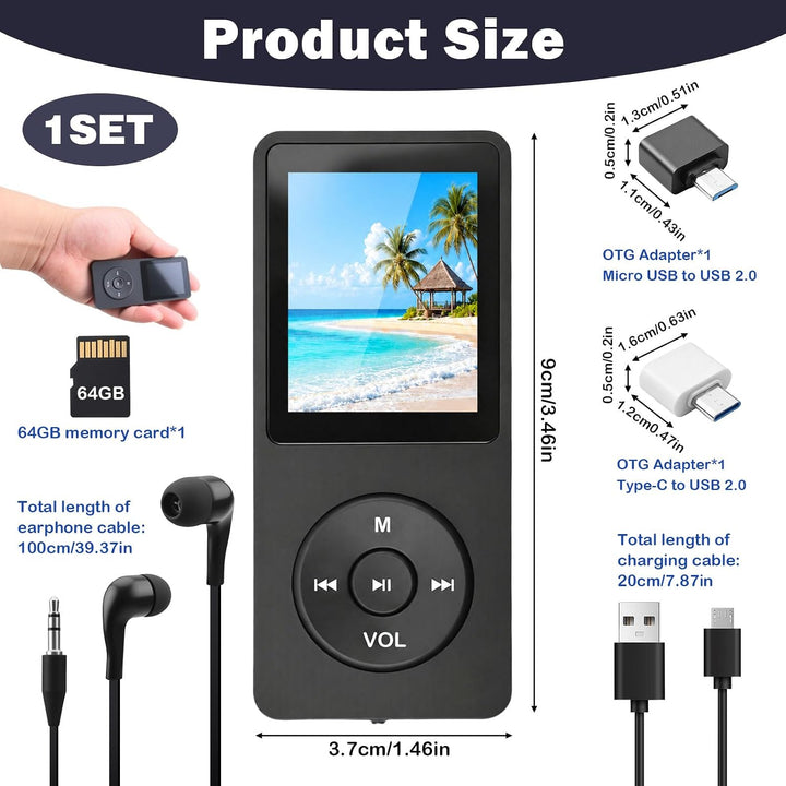 64GB MP3 Player mit Bluetooth 5.3, MP3 Player mit Lautsprecher und Kopfhörer, HiFi Musikplayer verlu