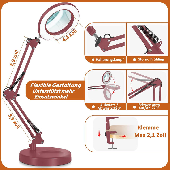 Veemagni 10X Lupe mit Licht, 5 Farbmodi Stufenlos Dimmbar 2-in-1 Schreibtischlampe und Klemme, LED B