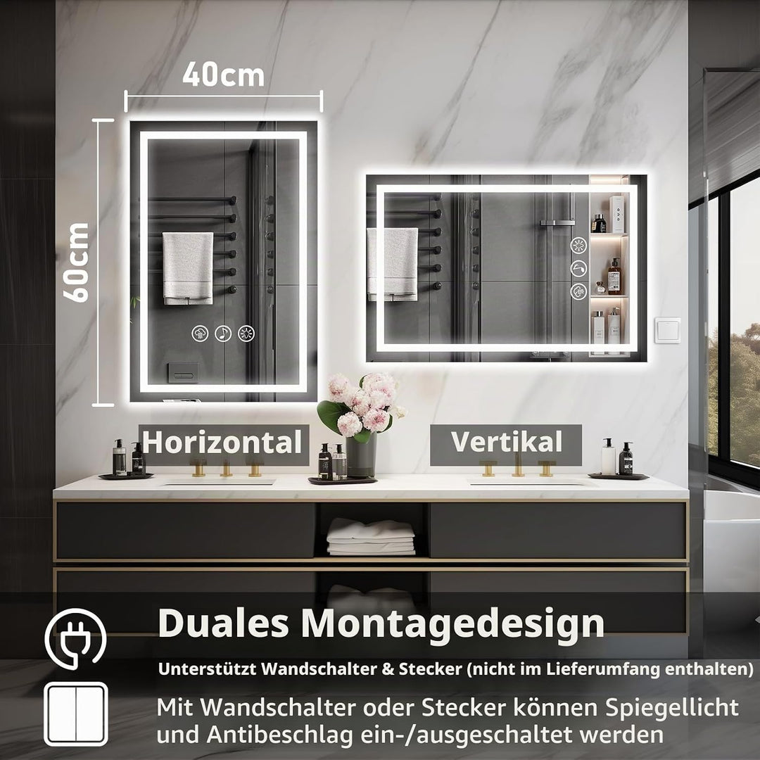 Badspiegel mit Beleuchtung LED, 40x60cm Bluetooth Spiegel mit Light, Wandspiegel mit Frontbeleuchtun