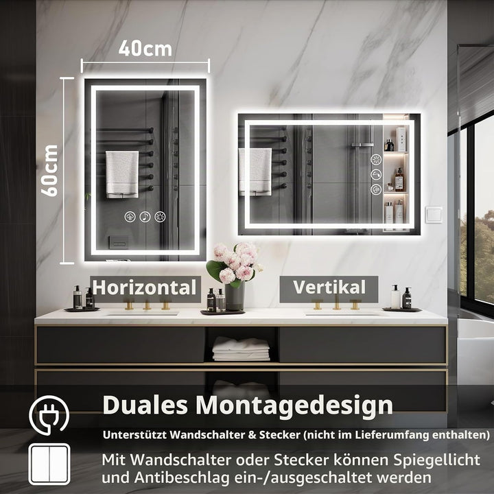 Badspiegel mit Beleuchtung LED, 40x60cm Bluetooth Spiegel mit Light, Wandspiegel mit Frontbeleuchtun