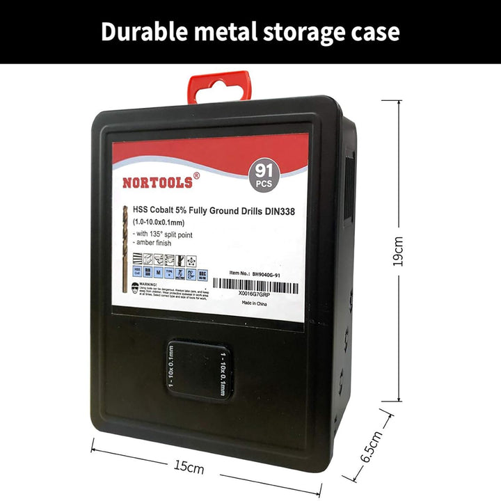 NORTOOLS 91 Stück HSS M35 Kobalt 5% vollständig geschliffene Bohrer DIN338 mit 135 ° Split Point 1,0