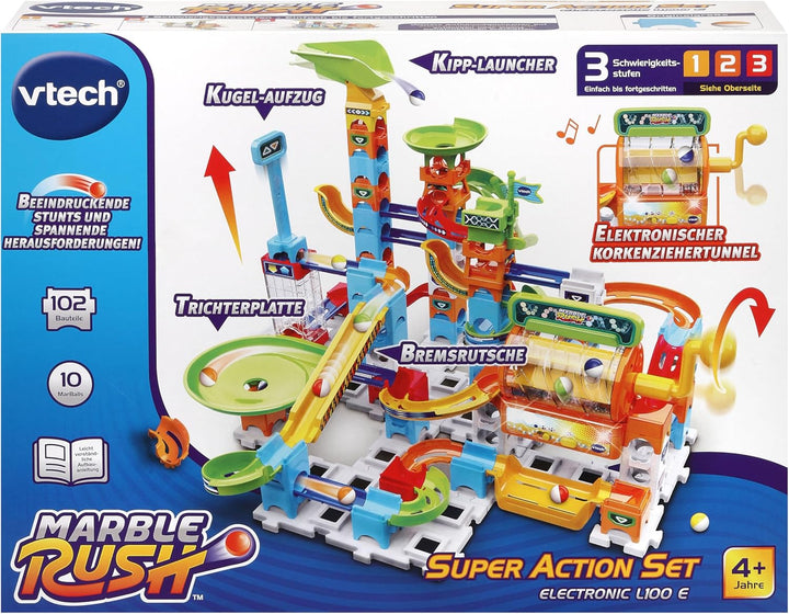 VTech Marble Rush - Super Action Set L100 E – Interaktives Kugelbahn-Set mit Licht und Sound, spanne