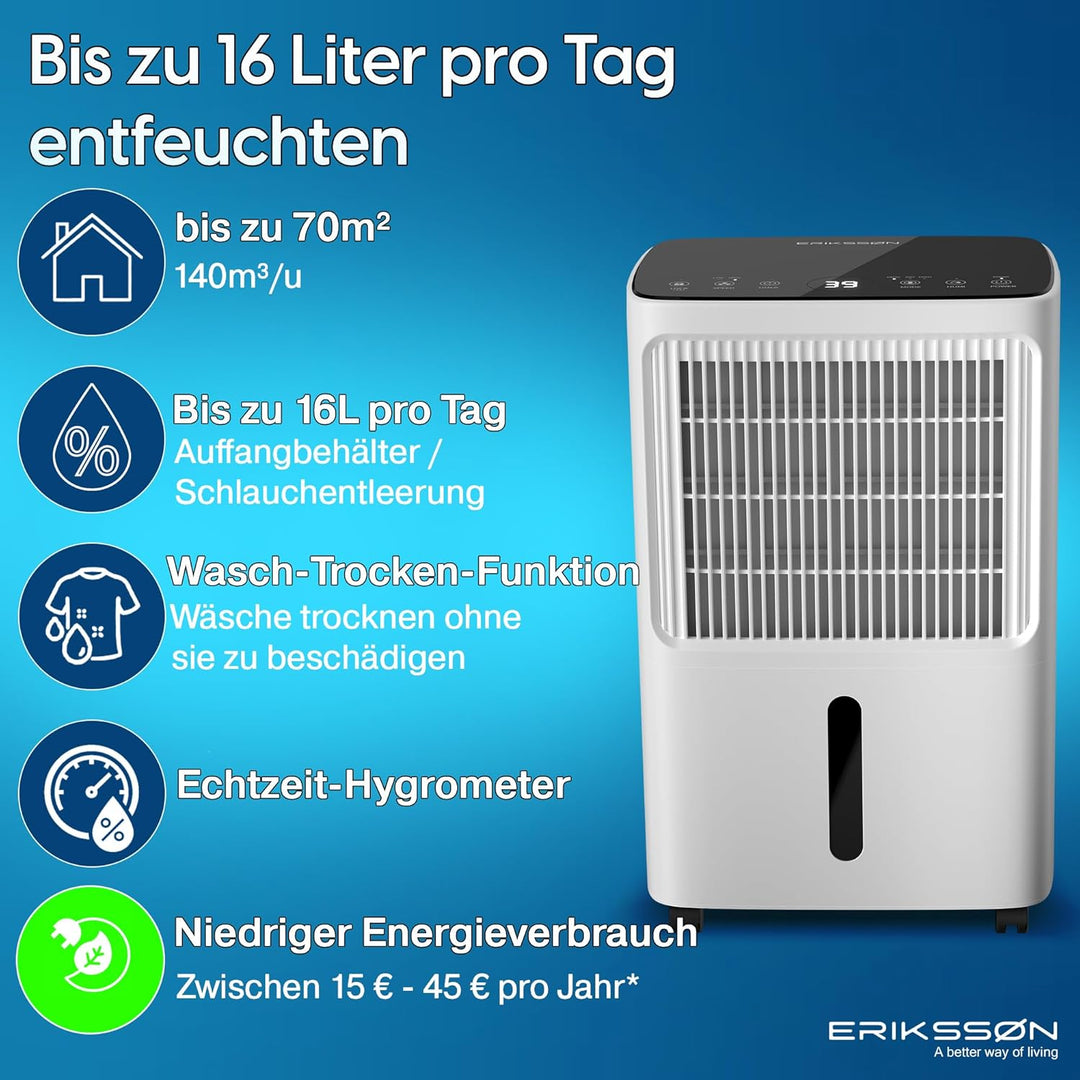 Luftentfeuchter mit LED Display, Timer & Kindersicherung | entfernt 16L Feuchtigkeit je 24h | für Ra