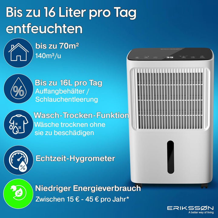 Luftentfeuchter mit LED Display, Timer & Kindersicherung | entfernt 16L Feuchtigkeit je 24h | für Ra