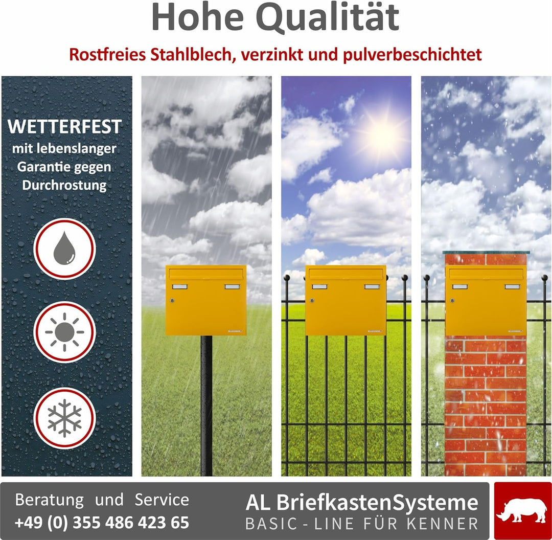 AL Briefkastensysteme Basic 2er Briefkasten RAL 1003 Signal Gelb 2 Fächer DIN A4 wetterfest Briefkas