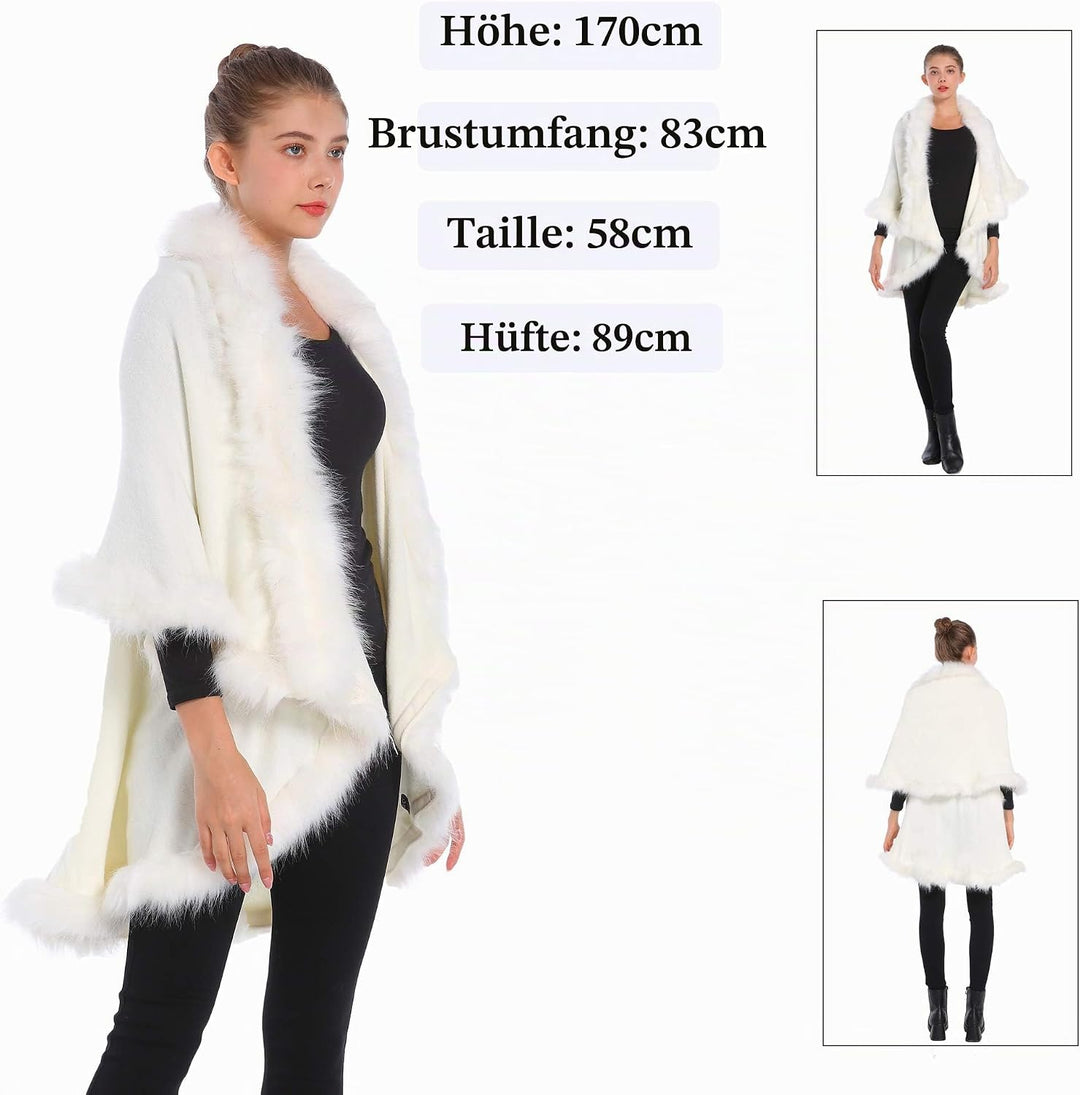 ZLYC Damen Winter Kunstpelz Poncho Strick Schal Stola Warm Cape Cardigan Weiss, Weiss