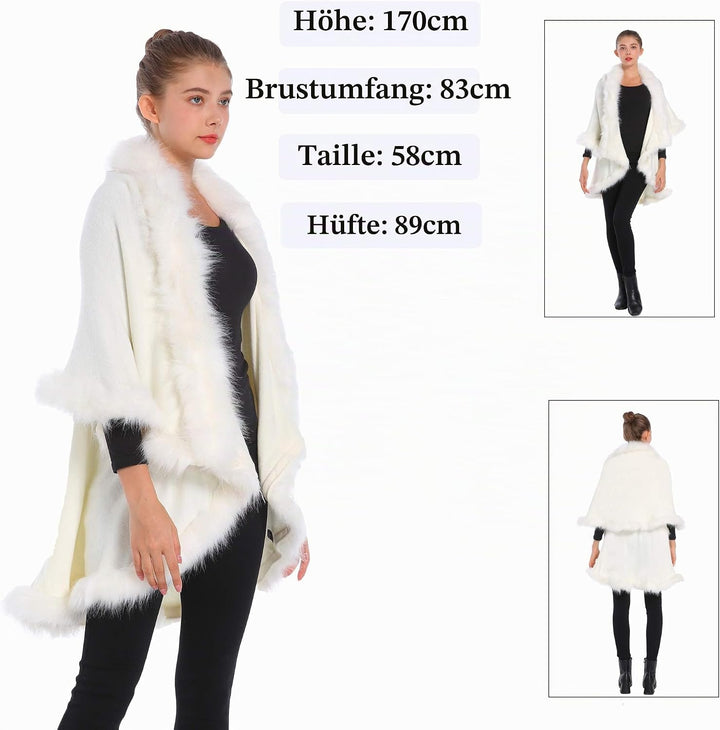 ZLYC Damen Winter Kunstpelz Poncho Strick Schal Stola Warm Cape Cardigan Weiss, Weiss