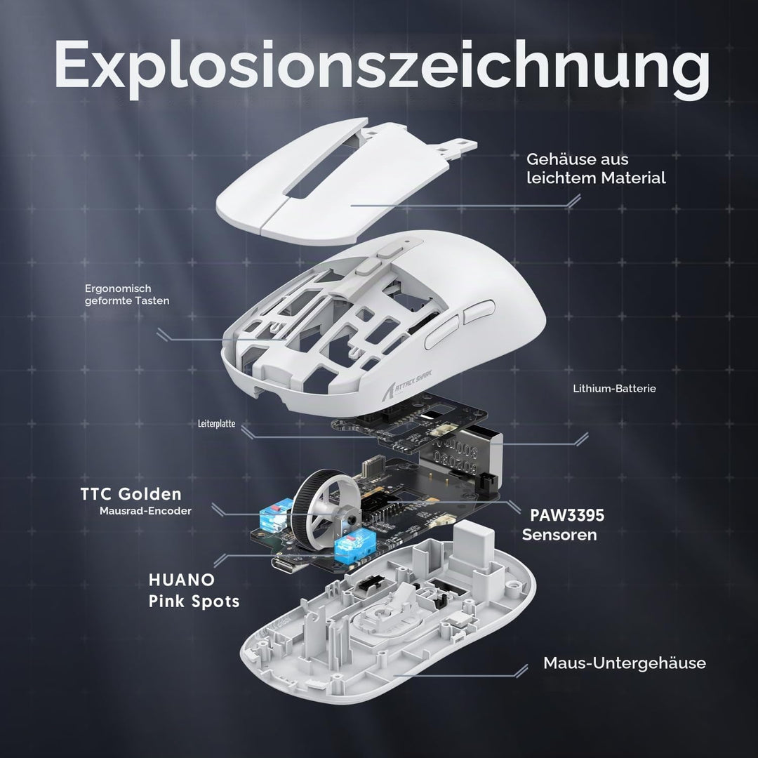 ATTACK SHARK X6 49g Superlight Maus mit magnetischer Ladestation, PixArt PAW3395 Gaming-Sensor, BT/2