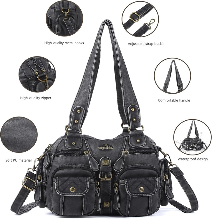 Angel Kiss Damen Handtasche 2 Hauptfächer Multifunktionale Handtasche Weich PU Leder Tasche mit Reis