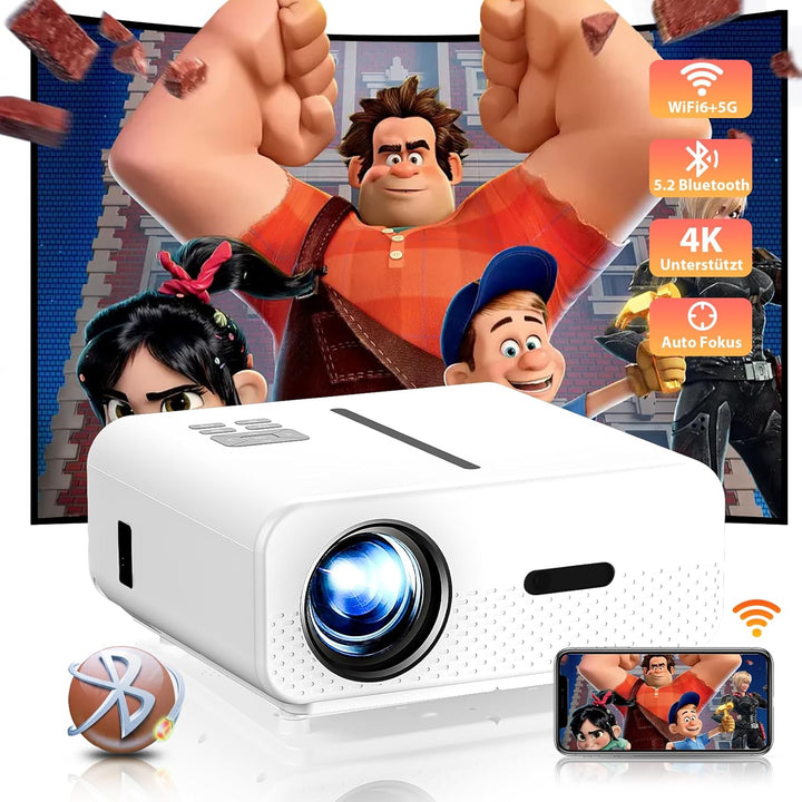 Beamer, Autofokus Beamer 6D 4P Trapezkorrektur Beamer 4K Heimkino Unterstützt, 20000 Lumen WiFi6 Vid