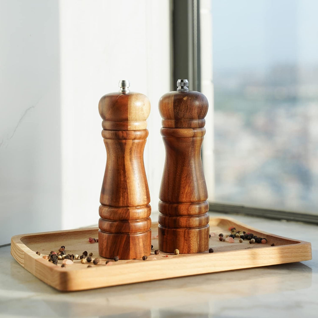 DeroTeno Pfeffermühle und Salzmühle Set, Gewürzmühlen 2er-Set, Salz und Pfeffer Mühle aus Akazienhol