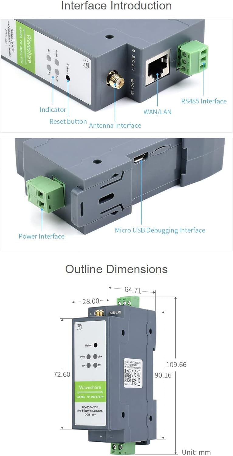 Waveshare RS485 to WiFi/Ethernet Module Rail-Mount Serial Server Modbus MQTT Gateway Supports Transp