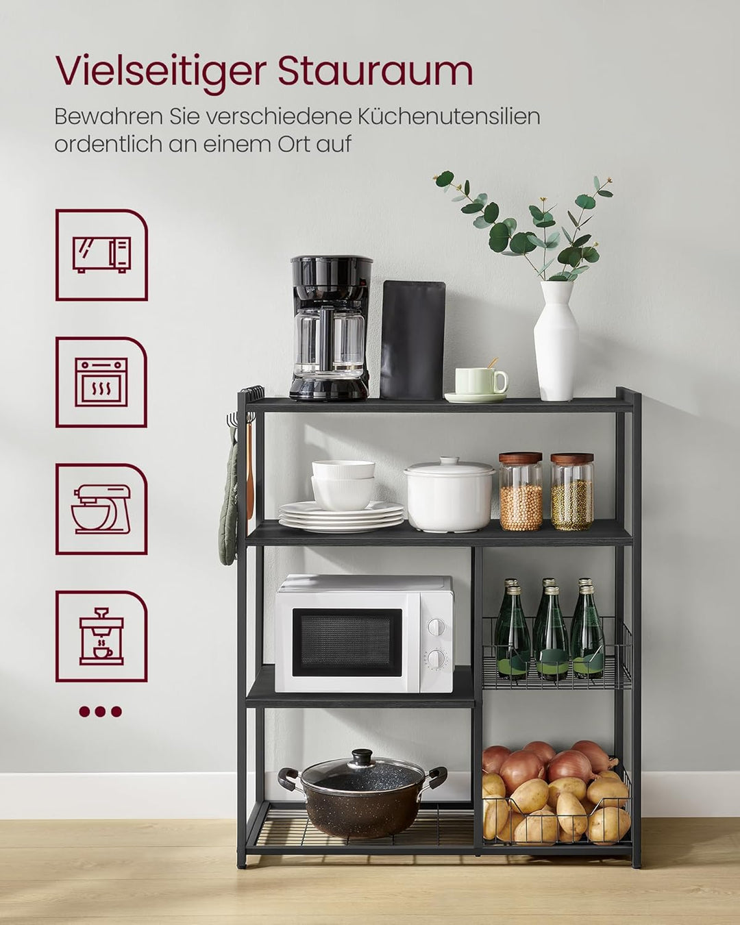 VASAGLE Küchenregal, Standregal mit 2 Metallkörben, Bäckerregal mit Haken und Regalablagen, Mikrowel