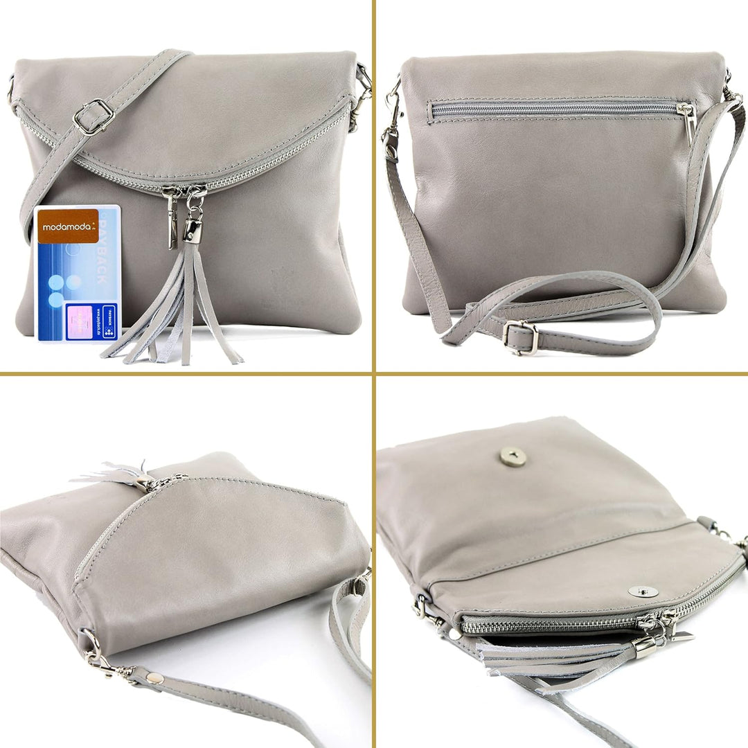 modamoda de - T139 - ital Umhängetasche Klein aus Nappaleder Cremebeige, Cremebeige